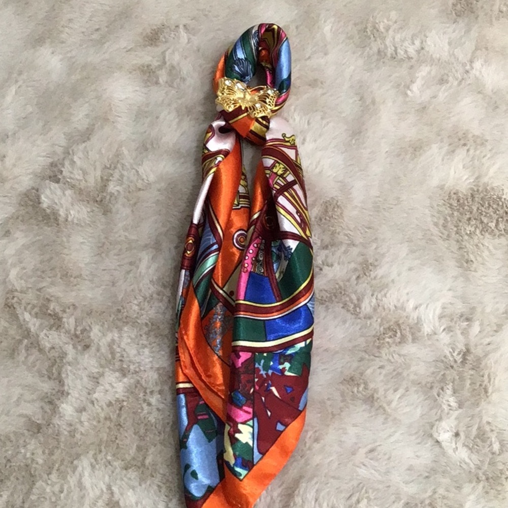 Bag Swag In Orange, Burgundy, Pink Mix Scarf with Butterfly Pin in Gold